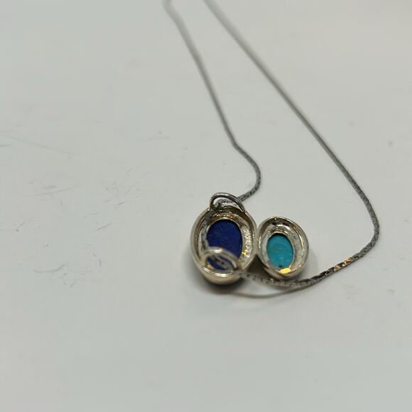 Vintage Oval Shape Turquoise & Lapis 925 Sterling Silver Necklace Size 3/4 inch - Picture 9 of 11